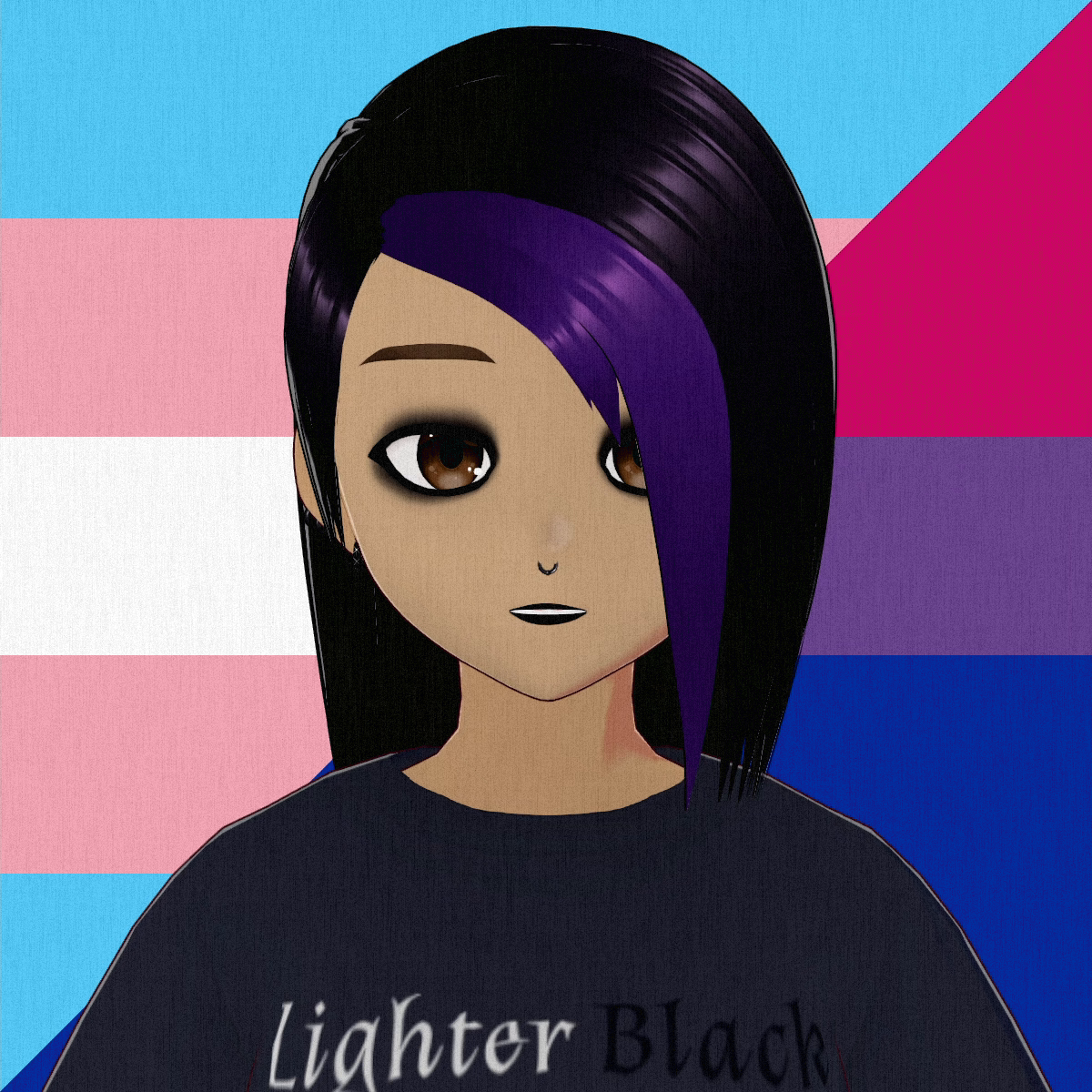 Lucy - medium-light skin-tone girl with emo over-her-left-eye dark-purple hair with a bright purple streak. 
  Her makeup is thick black eyeliner & lipstick. 
  She has a nosering and various ear piercings. 
  She's wearing a Lighter Black T-shirt. 
  She's staring straight at you. 
  The background is a diagonal split between the transgender and bisexual flags. 
  There is a very intense filmgrain over the image.