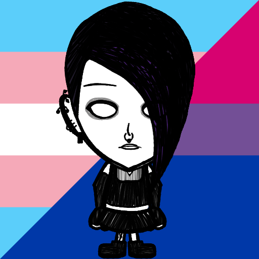 Lucy drawn in the style of Don't Starve - white girl with emo over-her-left-eye dark-purple hair with a "bright" purple streak.
Her makeup is thick black eyeliner.
She has a nosering and various ear piercings, and a vine-like tattoo on her right leg.
She's wearing a scrible-black tanktop with a mesh neck, long scribble-black fingerless gloves, a scribble-black skirt, and scribble-black boots.
She's staring straight at you.
The background is a diagonal split between the transgender and bisexual flags.