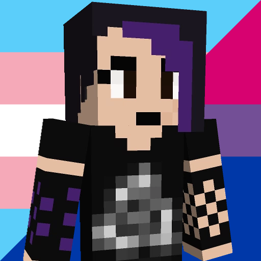 Minecraft skin of Lucy - medium-light skin-tone girl with emo over-her-left-eye dark-purple hair with a bright purple streak.
She's wearing an AFI Decemberunderground T-shirt, with a fishnet forearm-sleeve on her left arm and a purple-dotted black forearm-sleeve on her right arm.
She's turned 45° counter-clockwise from the camera.
The background is a diagonal split between the transgender and bisexual flags.