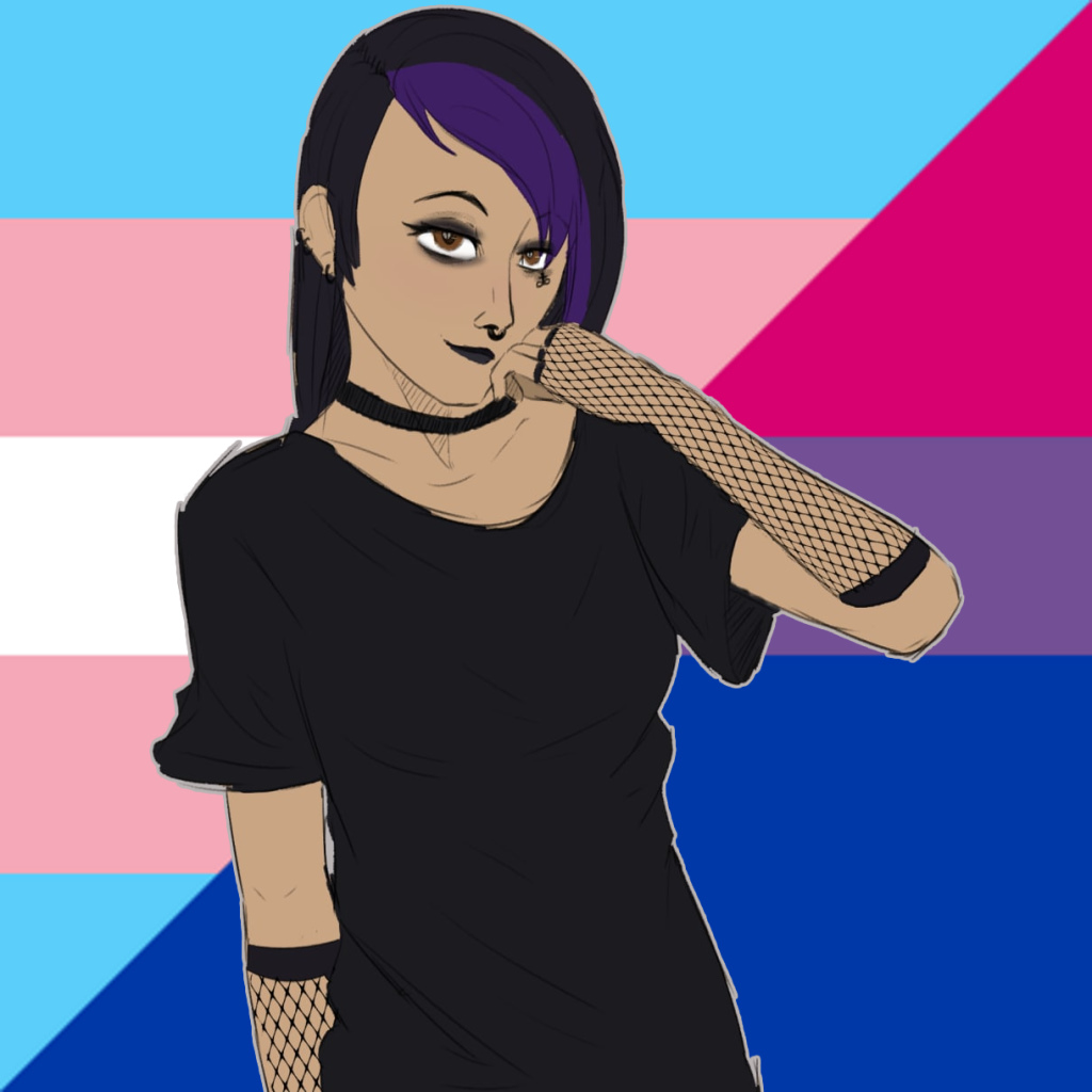 Drawn portrait of Lucy - medium-light skin-tone girl with emo over-her-left-eye dark-purple hair with a bright purple streak.
Her makeup is thick black eyeliner & lipstick, with a leviathan cross drawn under her left eye.
She has a nosering and various ear piercings.
She's wearing a plain black T-shirt, black collar, and fishnet arm warmers.
She's brushing her hair out of the way with her left hand while looking towards you.
The background is a diagonal split between the transgender and bisexual flags.