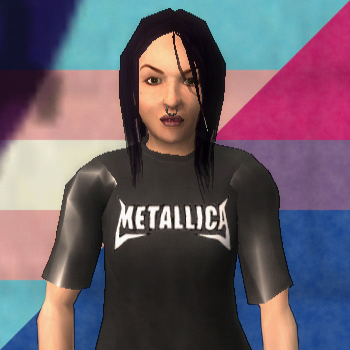 Lucy in Tony Hawk's Underground 2 - light skin-tone girl with emo over-her-left-eye dark-purple hair.
Her makeup is dark lipstick and eyeliner.
She has a nosering.
She's wearing a black Metallica T-shirt.
She's staring straight at you.
The background is a diagonal split between the transgender and bisexual flags painted on a cinderblock wall.