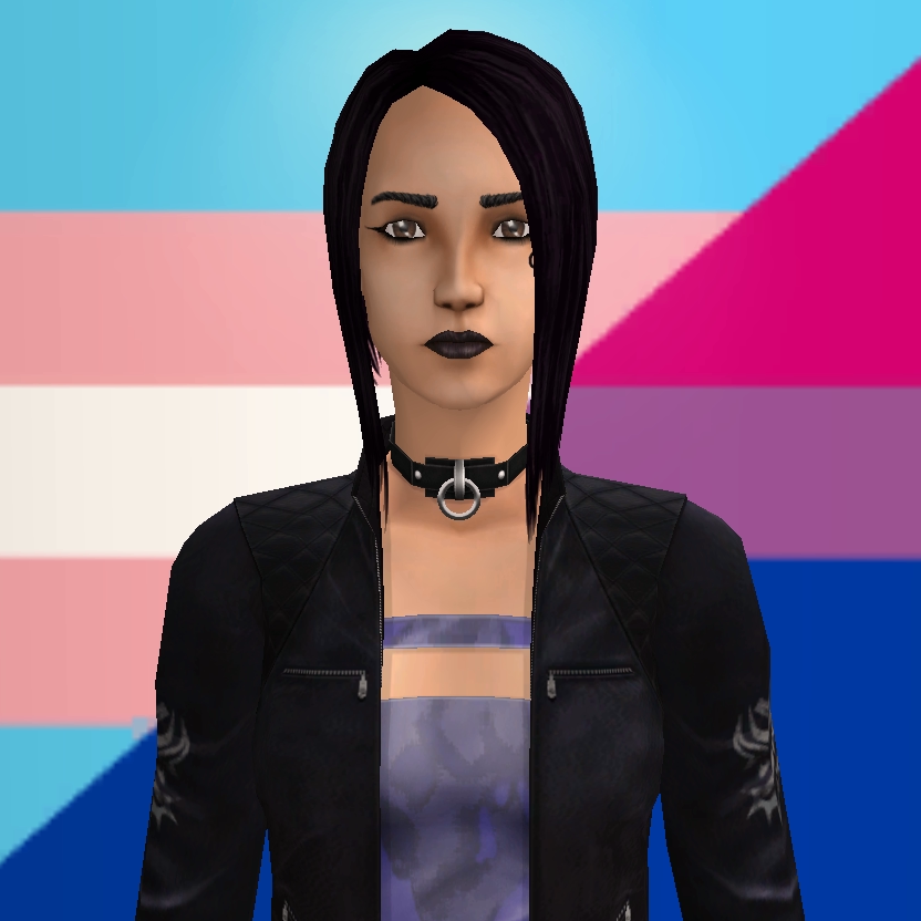Lucy in The Sims 2 - light skin-tone girl with emo over-her-left-eye dark-purple hair.
She's wearing a blue tankttop with a black jacket over it, and a collar.
She's staring straight at you.
The background is a diagonal split between the transgender and bisexual flags.