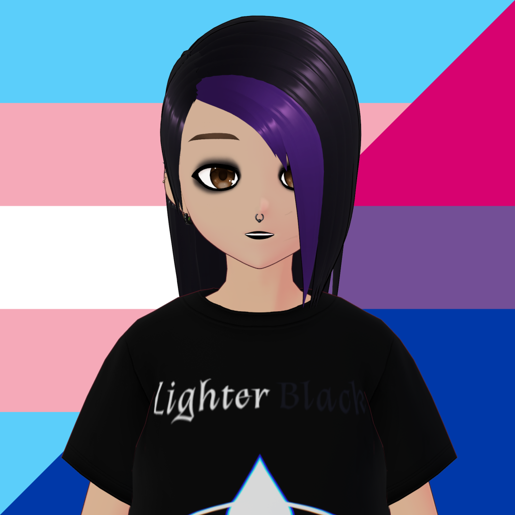 Lucy - medium-light skin-tone girl with emo over-her-left-eye dark-purple hair with a bright purple streak.
Her makeup is thick black eyeliner & lipstick.
She has a nosering and various ear piercings.
She's wearing a Lighter Black T-shirt.
She's staring straight at you.
The background is a diagonal split between the transgender and bisexual flags.